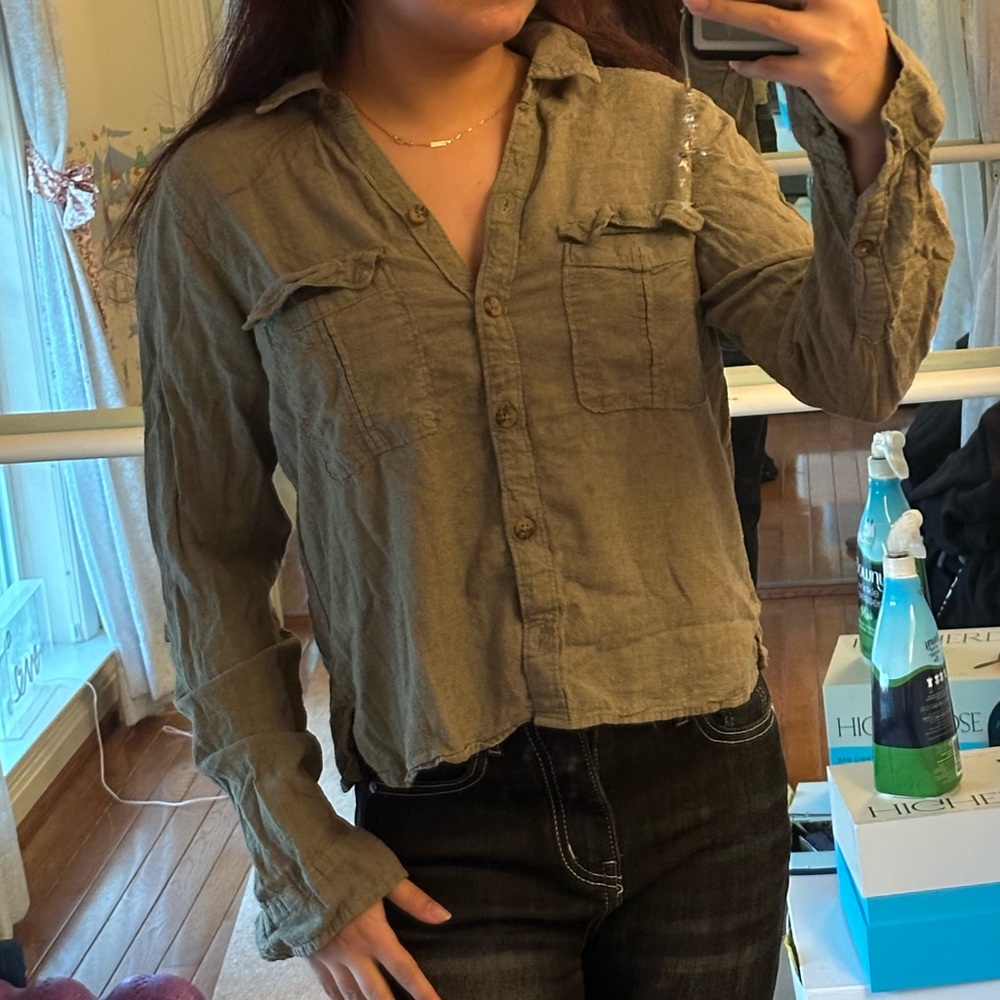 A&F Olive Green Button-Up Women's Top